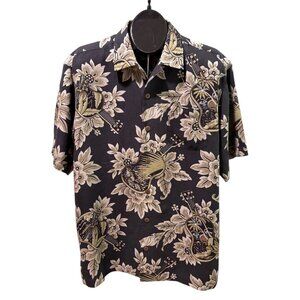 Tommy Bahama Silk Camp Shirt Men's M Black Green Hawaiian Guitar Ukele EUC